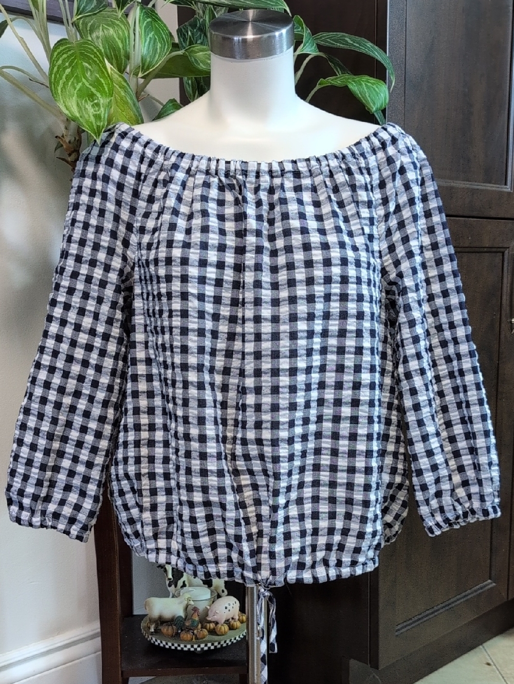 NYC Blue and White Gingham Off-Shoulder Blouse
